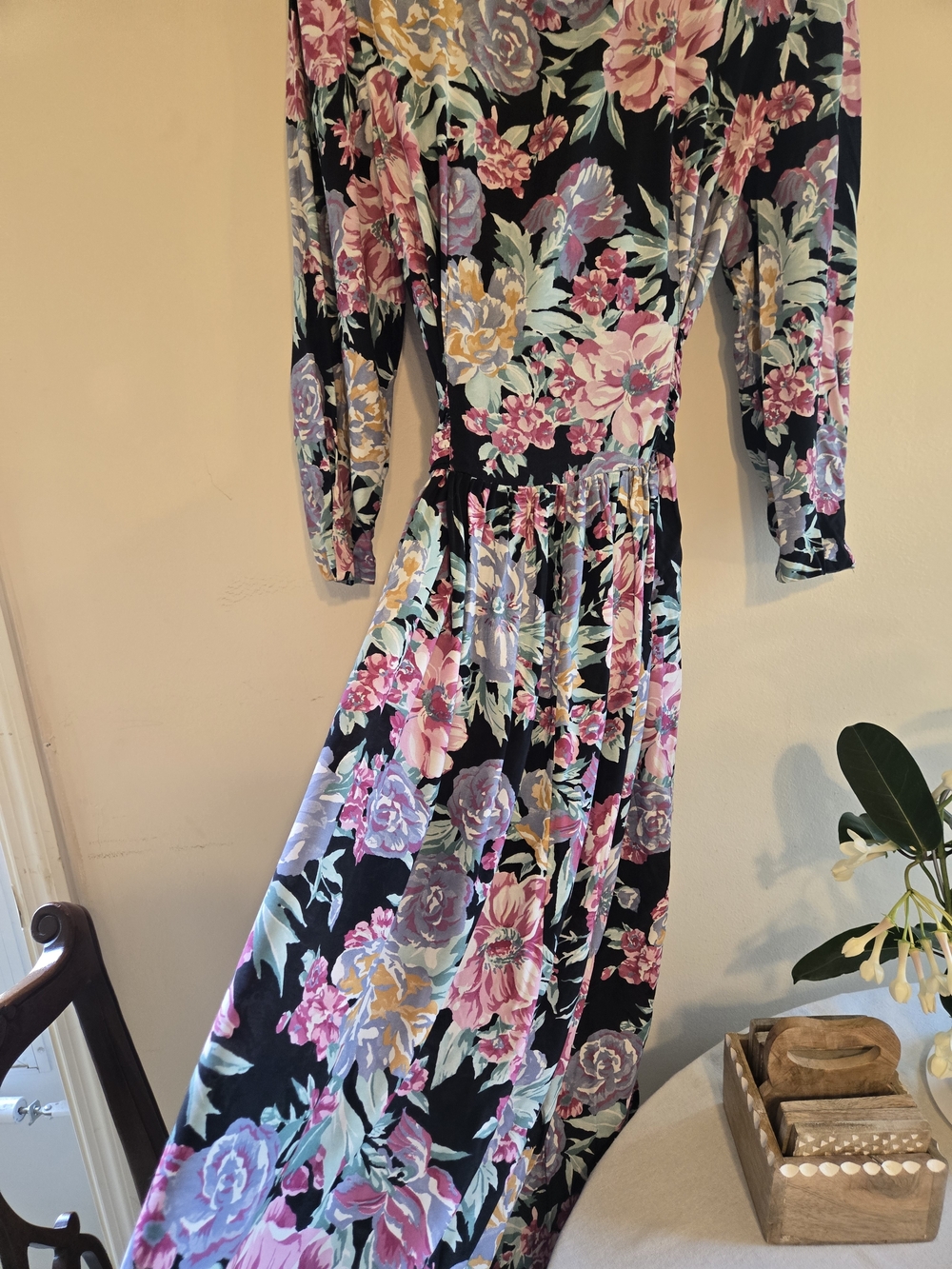 Black Floral Midi Dress with Pink & Cream Blossoms - Picture 9 of 9